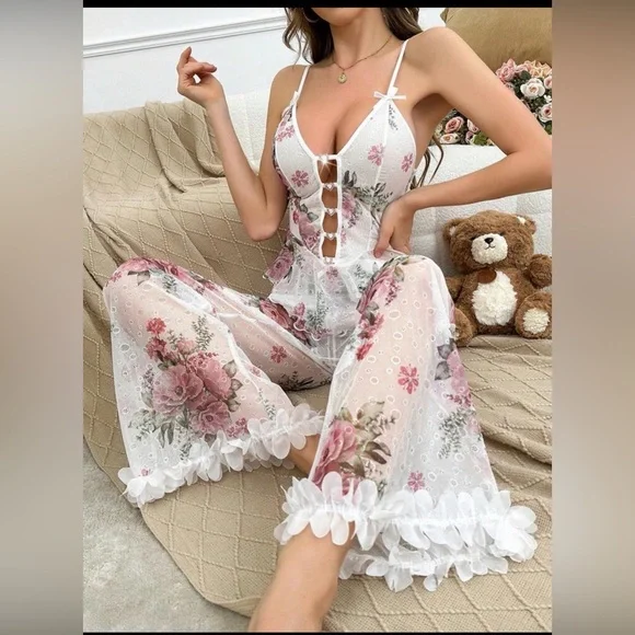 Floral Sheer Lace Trim Jumpsuit - White with Pink Roses - Picture 3 of 6